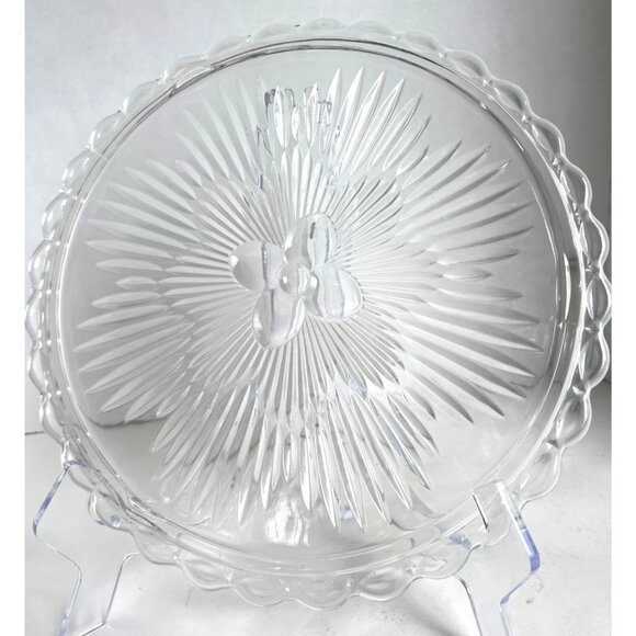 EAPG Indiana Clear Glass Serving Cake Plate Sunburst Design Scalloped Atomic Age - Picture 5 of 8